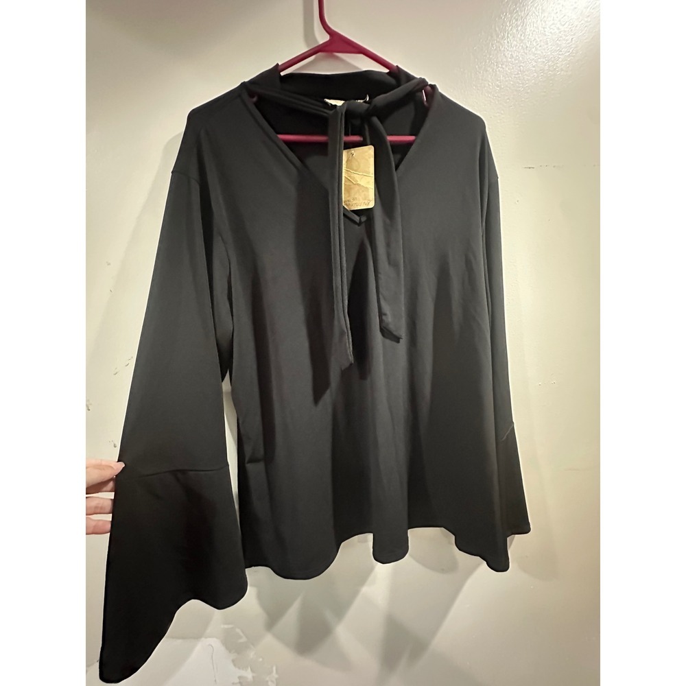 Hybrid & Company Black Bell Sleeve Tie Neck Blouse Womens 3X Casual Minimalist